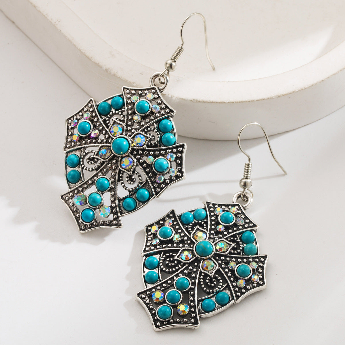 Wholesale Turquoise Vintage Exaggerated Diamond Cross Earrings